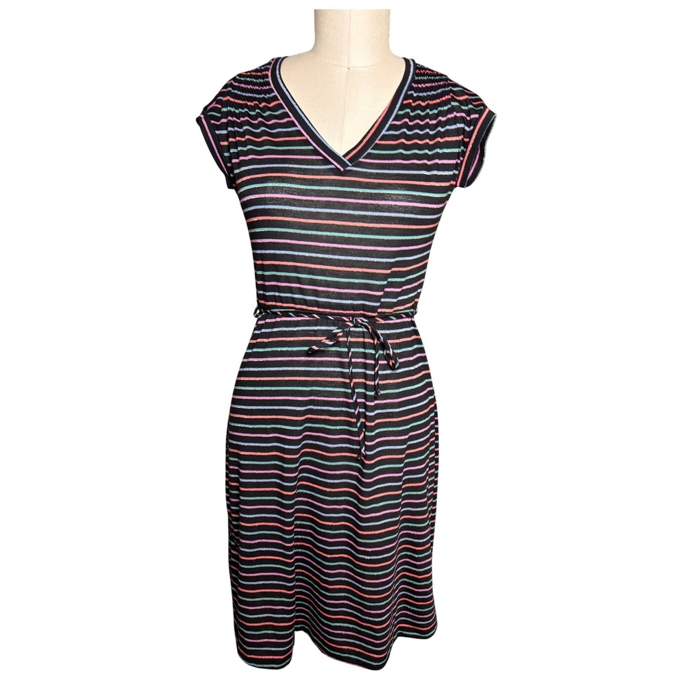 Mara Jrs. California Dress S Black Striped Good Vintage Metallic Knit V-Neck